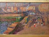 un tableau représentant des personnes marchant sur une jetée au bord d'un plan d'eau