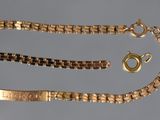 a close up of a gold bracelet and a chain with a clasp