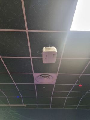 une photo d'une salle de bains avec des toilettes et un ventilateur de plafond