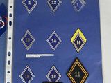 a lot of badges on a blue sheet of paper