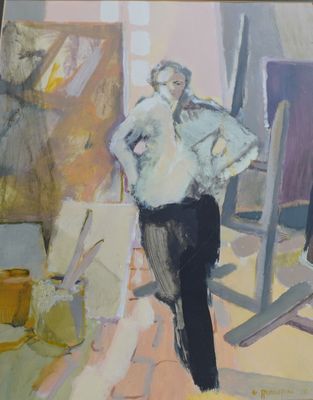 a painting of a man standing in front of an easel