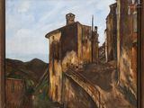 an oil painting of a building with a staircase going up to it