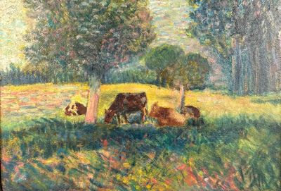 un tableau représentant des vaches paissant dans un champ, à l'ombre d'un arbre