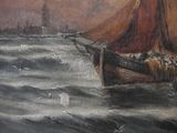 a painting of a boat in the water with a sky background