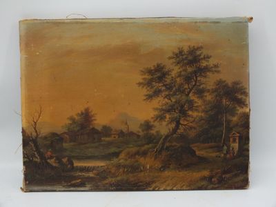 un vieux tableau représentant un paysage, avec au premier plan un homme à cheval