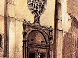 a painting of a crowd of people outside a church