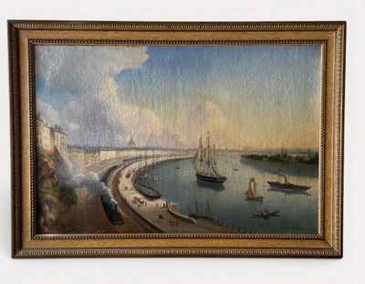 une peinture à l'huile représentant une vue d'un port avec des bateaux sur l'eau