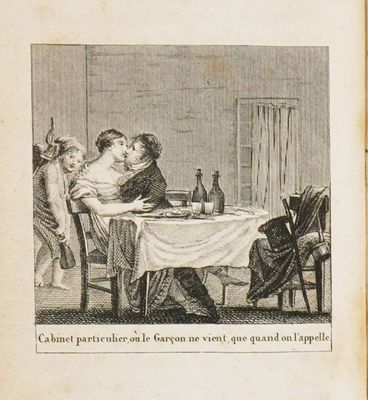 un vieux livre sur lequel figure l'image d'un homme et d'une femme assis à une table