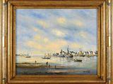 une peinture à l'huile d'une scène portuaire avec des bateaux dans l'eau