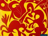 une affiche rouge et jaune sur laquelle figure l'image d'un homme à cheval