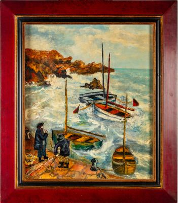 une peinture à l'huile représentant des bateaux sur l'eau près du rivage