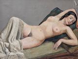 a painting of a nude woman laying on a couch