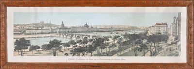 peinture d'une vue d'une ville avec un pont sur une rivière