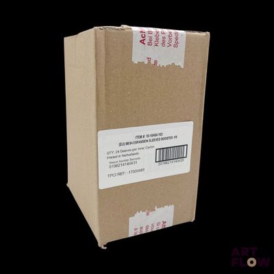 a cardboard box with a sticker on it on a black background