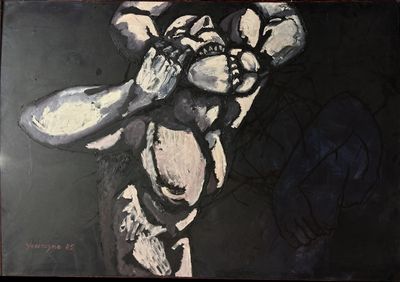 un tableau représentant un homme tenant une batte de baseball à la main