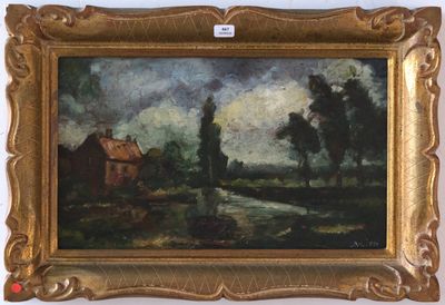 une image représentant un tableau représentant un paysage avec une maison et des arbres