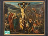 an oil painting of jesus on the cross surrounded by other people