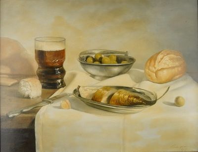 a painting of bread, olives, and a glass of beer on a table