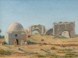 an oil painting of a desert scene with a building in the background