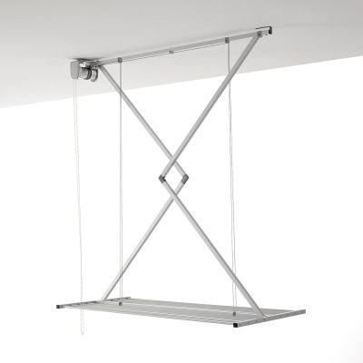 a suspended shelf with a metal frame attached to it ' s ceiling