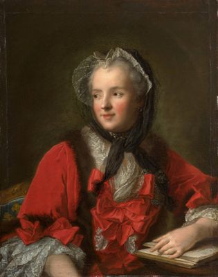 un tableau représentant une femme en robe rouge tenant un livre