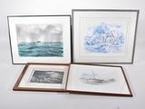 three framed pictures of a boat and a boat in the water