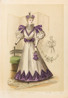une illustration ancienne représentant une femme vêtue d'une robe violette et blanche