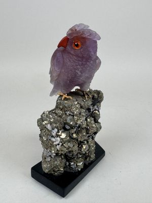 un oiseau violet assis au sommet d'un rocher sur une surface blanche