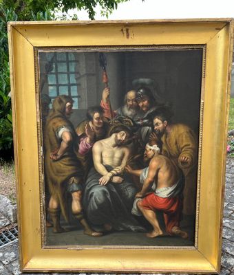 un vieux tableau représentant Jésus descendu de la croix par un groupe d'hommes