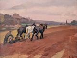 une peinture représentant un homme labourant un champ avec deux chevaux