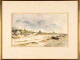 an image of a painting of a beach scene with a boat