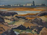painting of a landscape of rocks and water with houses in the distance
