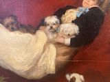 painting of a woman in a hammock with puppies in her lap