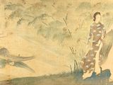 un tableau accroché au mur représentant une femme et un oiseau