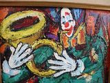 a painting of a clown playing a trumpet in a room