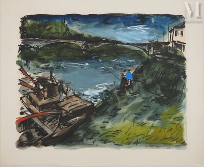 un tableau représentant un bateau sur les rives d'une rivière