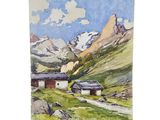 watercolor painting of a mountain scene with a house in the foreground