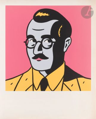an image of a painting of a man wearing glasses and a yellow shirt