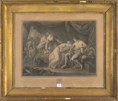 an old picture of a painting of a group of people in a room