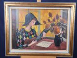 un tableau représentant une femme jouant de la guitare près d'un vase de fleurs
