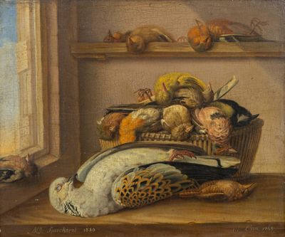tableau représentant une nature morte avec un oiseau, un canard et d'autres oiseaux dans un panier posé sur une table