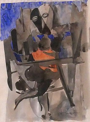 a painting of a man sitting at a table with a dog