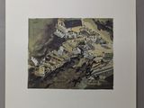 painting of an aerial view of a city with buildings and a river