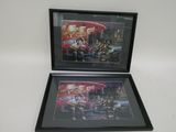 two framed pictures of people sitting on a bench