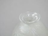 a clear glass vase with a leaf design on it