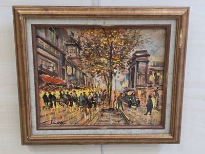 une peinture à l'huile représentant une scène de rue avec des personnes marchant dans la rue