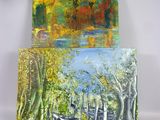 deux tableaux représentant des arbres et un bateau sur un fond blanc