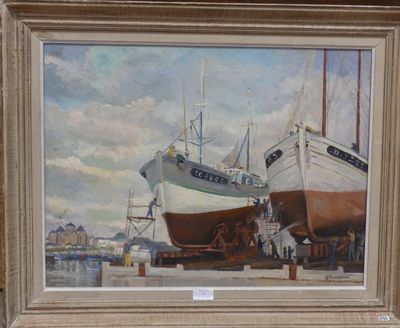 un tableau représentant deux bateaux amarrés dans un port