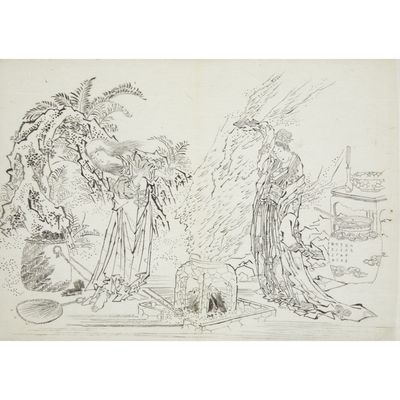 drawing of two women standing in front of a fire in a garden