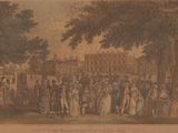 an old drawing of a group of people standing in front of a building